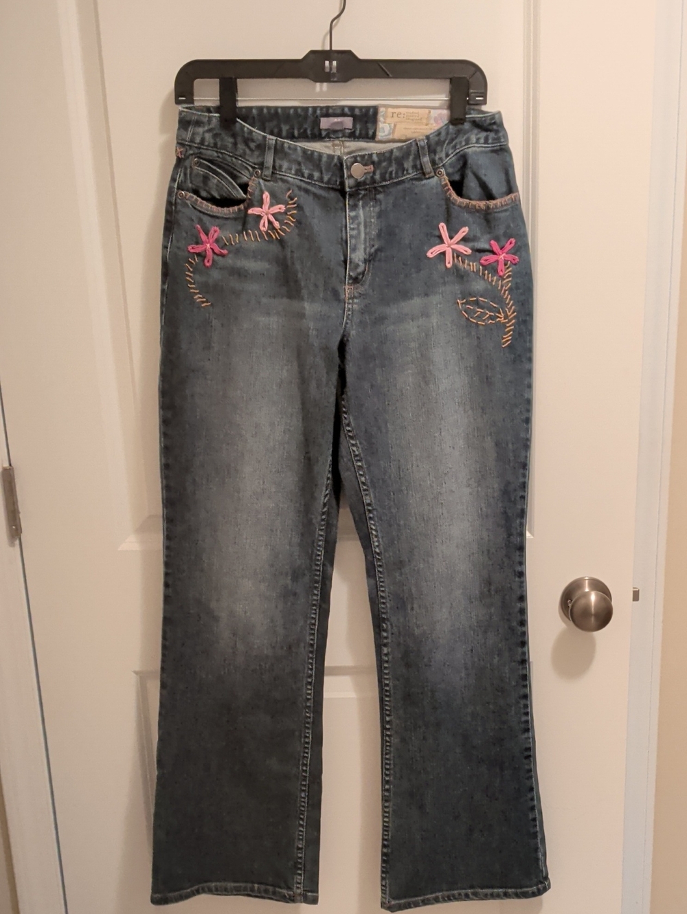 J. Jill Blue Denim Flare Jeans with Pink Floral Embroidery